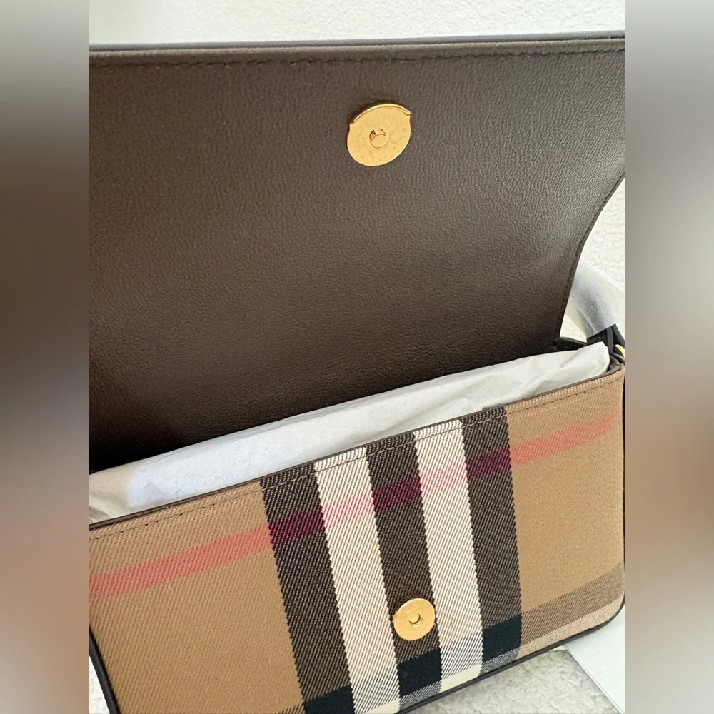 Burberry Brown Leather Crossbody Bag with Signature Check NEW EBONY BROWN - Picture 6 of 10